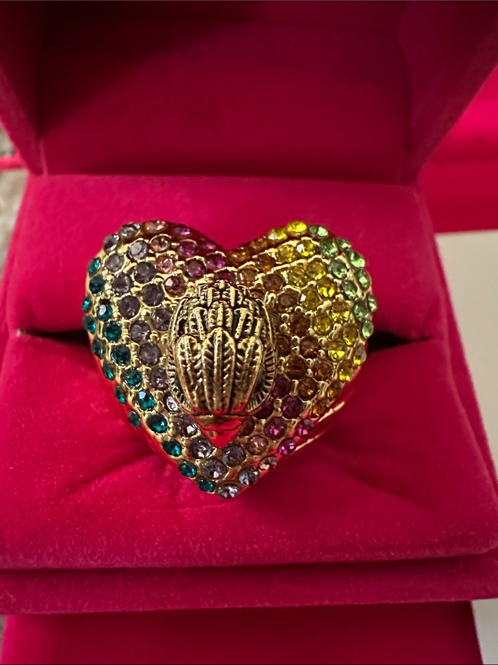 Kurt Geiger Gold-Tone Heart Ring with Rainbow Crystals Still Size 8 NWT